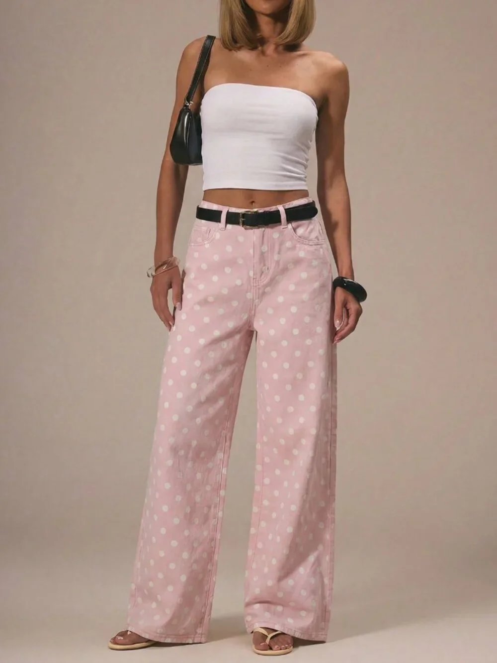 Pink Casual Women's Polka DotDenim Straight Leg Mid Rise Jeans - Picture 3 of 5